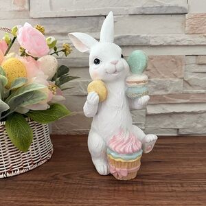 🆕 Easter Bunny Resin Decor w/ Macaroons & Cupcake – Pastel Spring Accent!